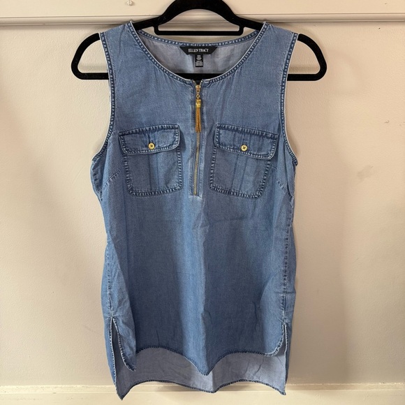 Ellen Tracy Blue Denim Sleeveless Top with Gold Zipper and Pockets - Picture 1 of 7
